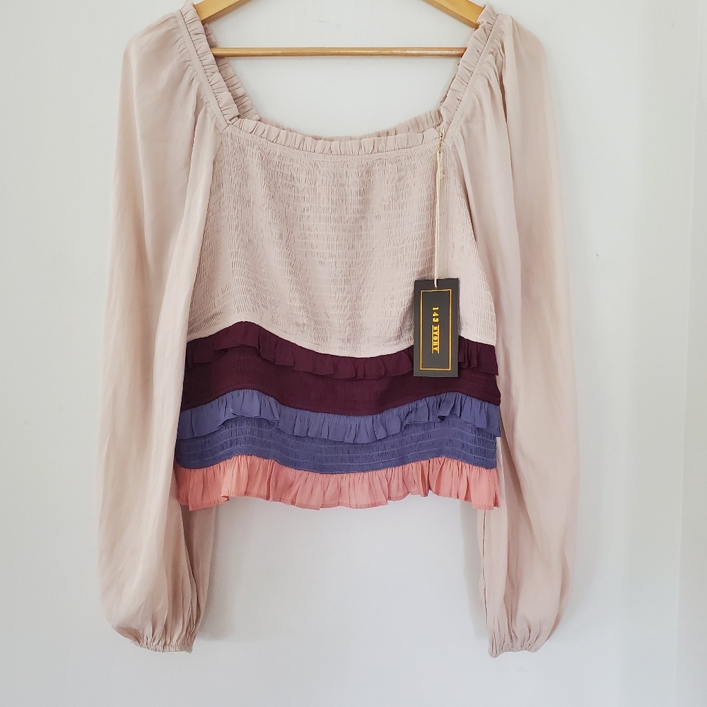 NWT 3X Smocked Bodice Mid-Crop Ruffled Square Neck LS Top Balloon Sleeves Boho